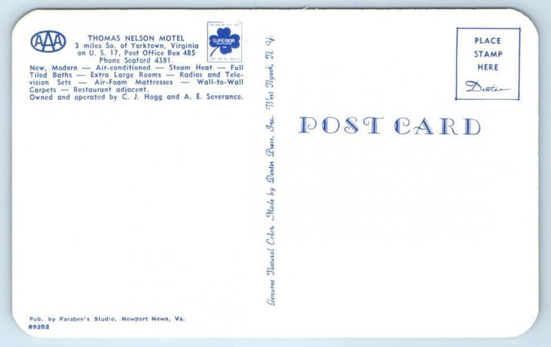 YORKTOWN, Virginia VA ~ Roadside THOMAS NELSON MOTEL York County 1950s Postcard