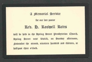 DATED 1913 MEMORIAL SVCE FOR LATE PASTOR REV ROSWELL BATES