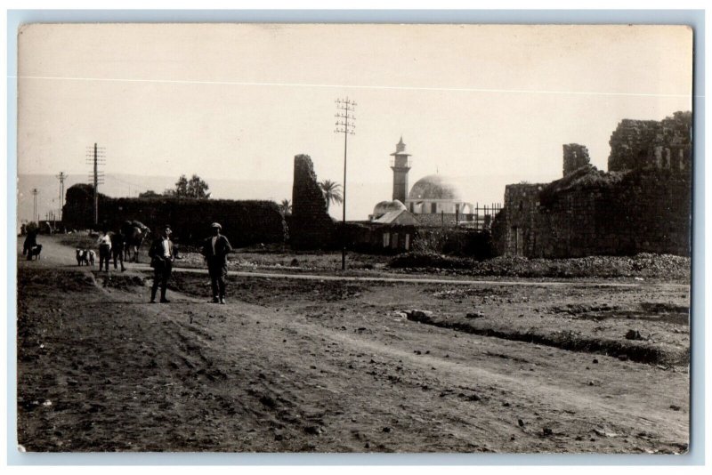 Tiberias Israel Postcard Scene of People Walking And Building c1910 Antique