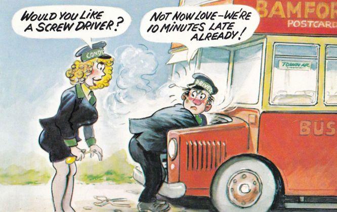 Sexy Lady Bus Conductor Warden Helps Driver Needing Screw Comic Humour Postcard