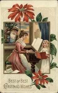 CHRISTMAS Santa Watches Woman Play Piano While Girl Sings c1910 Postcard