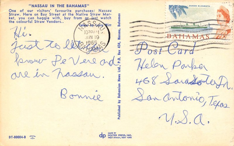 Native Straw Market Bay Street Motor Scooter Nassau Bahamas 1965 postcard