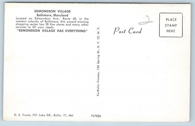 Postcard MD Baltimore Edmondson Village Shopping Center Strip Mall 1950s Cars N4