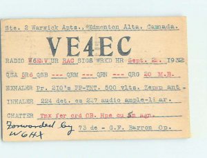 1930s QSL RADIO CARD Edmonton Alberta AB AH3248