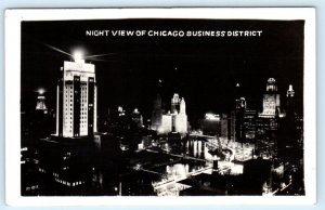 RPPC CHICAGO, Illinois IL ~ Night View BUSINESS DISTRICT 1944 Birdseye Postcard