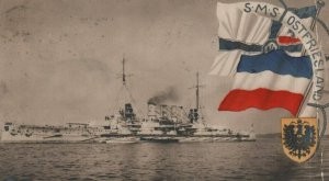 SMS Ostfriesland w/ National Flag - German Imperial Navy - c1910s RPPC Postcard