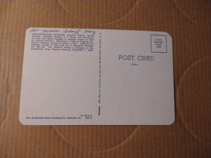 1967 Administration Bldg, Roanoke College, Virginia Chrome Postcard