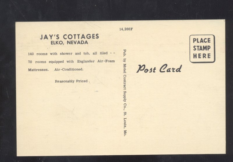 ELKO NEVADA JAY'S COTTAGES MOTEL GAS STATION VINTAGE LINEN ADVERTISING POSTCARD 