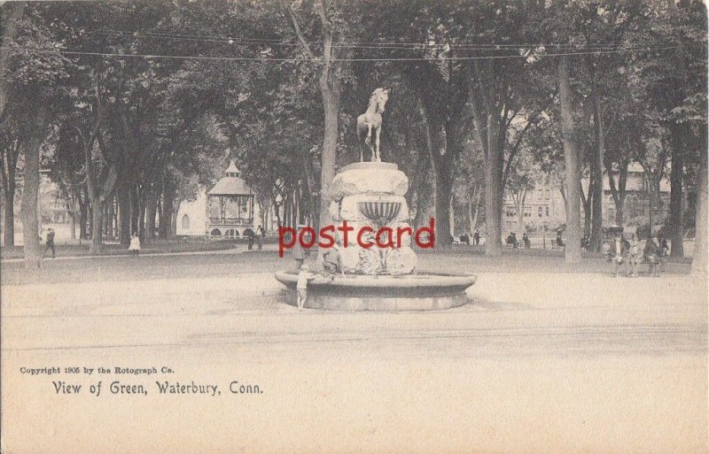 1905 WATERBURY CT View of Green, Rotograph, publ Devereaux, horse fountain