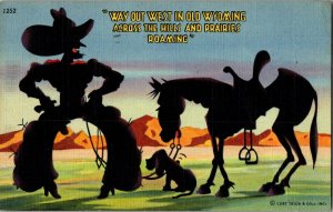 Cowboy, Horse and Dog in Silhouette Comic, In Old Wyoming Vintage Postcard H43