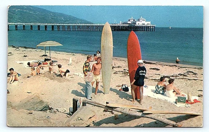 MALIBU, CA California ~Adamson Point ~  SURF BOARDS on the BEACH 1954 Postcard