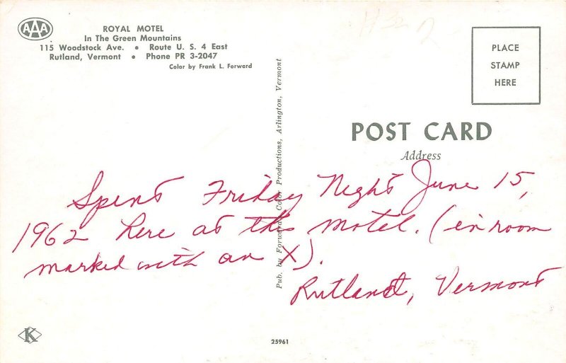 Rutland Vermont 1960s Postcard Royal Motel