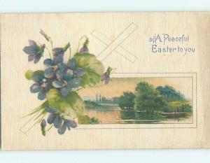 Pre-Linen easter JESUS CROSS & VIOLET FLOWERS ON FABRIC POSTCARD HL0901