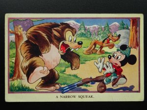 Walt Disney MICKEY MOUSE & GRIZZLY BEAR 'A Narrow Squek' c1940s Postcard