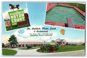 1957 The Paddock Motor Court & Restaurant Manning SC Multiview Postcard 