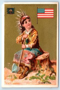 American Flag Indian Princess Axe Map On Back Victorian Trade Card