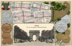 PC COINS, BANKNOTES, PARIS, ARC DE TRIOMPHE, Vintage EMBOSSED Postcard (b47955)