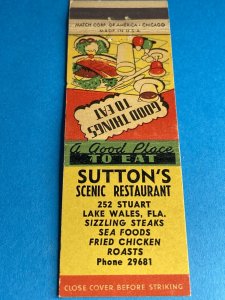 Vintage Matchbook Cover Sutton’s Restaurant Lake Wales, Florida MB148