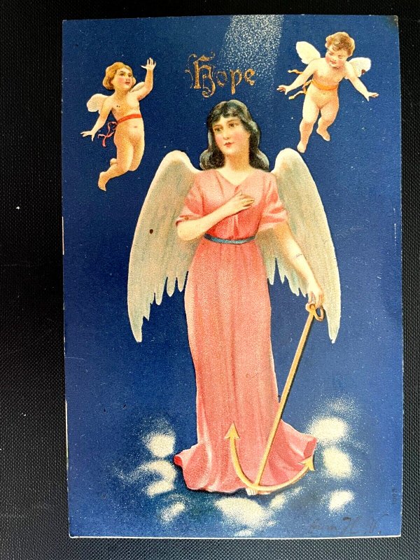 Vintage Victorian Postcard 1907 Hope - Angel & Cherubs on Blue