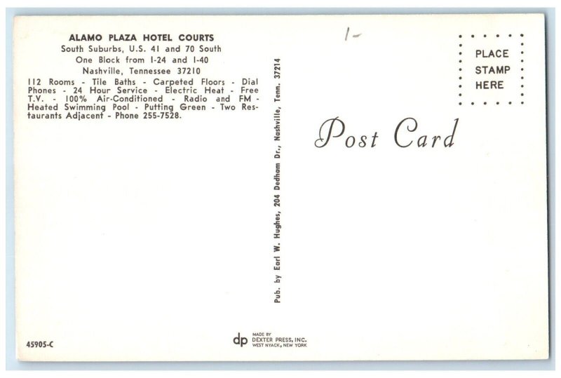Nashville Tennessee TN Postcard Alamo Plaza Hotel Courts Roadside c1950's