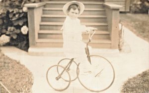 NAMED PROUD YOUNG BOY &TRICYCLE~1910 REAL PHOTO POSTCARD LOS ANGELES TO EVART MI