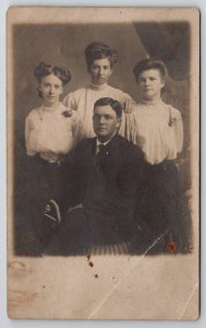 RPPC Three Women Crazy Hair and One Man Seated for Photo c1908 Postcard C25