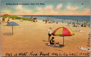 Postcard MA Cape Cod Harwichport Bathing Beach Scene Umbrellas LINEN 1948 V15
