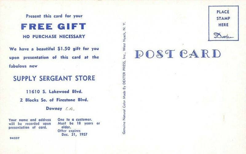 Downey CA Supply Sergeant Store Old Cars Trucks  Postcard