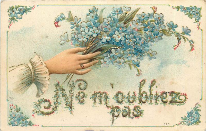 Embossed lady hand with flowers vintage 1906 greetings fantasy postcard