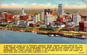 Memphis Tennessee Scenic City Skyline Mississippi River View Linen Postcard 