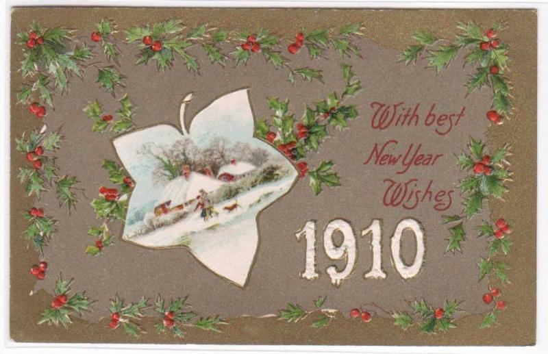 New Year Date Tree Leaf & Holly 1910 embossed postcard