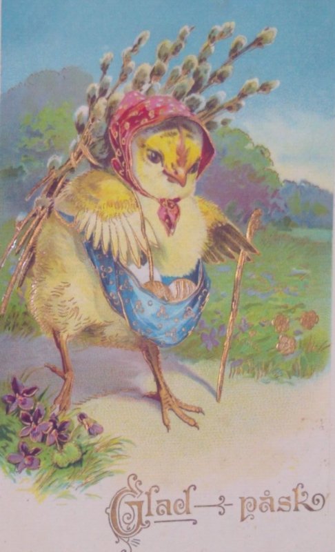 Anthropomorphic Chick Eggs Gel Gold Gilt Antique Vintage Easter Postcard