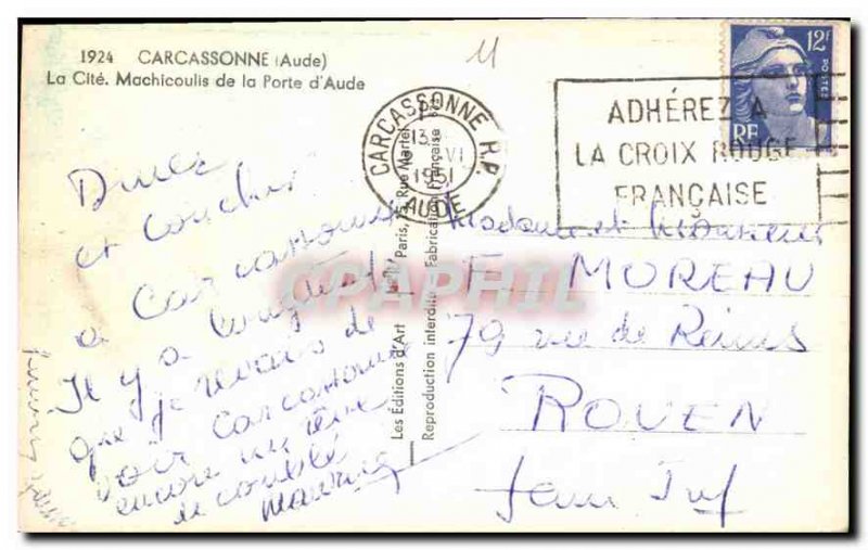Old Postcard Cite in Carcassonne The Machicoulis Porte d'Aude