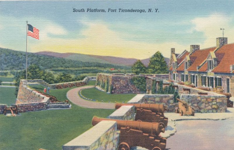 Fort Ticonderoga NY New York Cannon and Flag on South Platform - pm 1949 - Linen