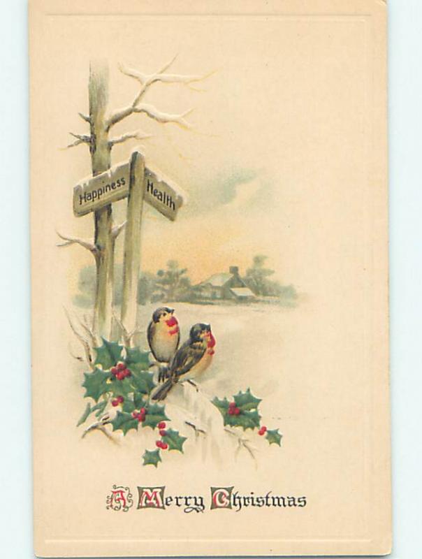 Pre-Linen christmas CUTE BIRDS UNDER HAPPINESS AND HEALTH SIGNS ON POST hr2803