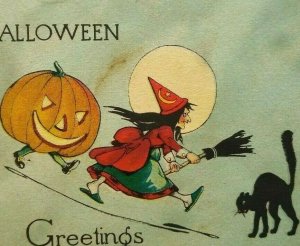 Vintage Halloween Postcard Black Cat Goblin Flying Witch Pink Of Perfection PA