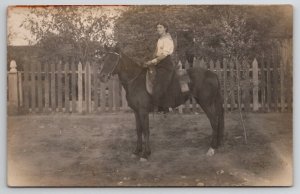 RPPC Woman Posing On Beautiful Horse c1910 Real Photo Postcard Q21
