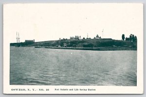 Oswego NY Fort Ontario And Life Saving Station Native American Back Postcard S25
