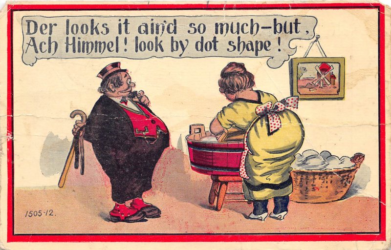 1910 Comic Postcard Fat Man With Cane Woman At Wash Tub  Washboard