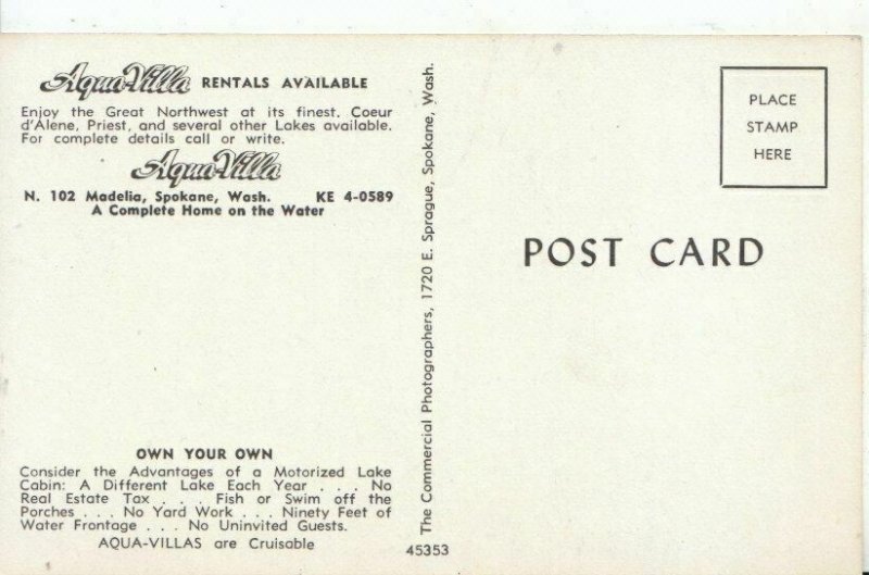 Transport Postcard - Boat - Aqua Villa - Spokane - Washington - Ref 6669A