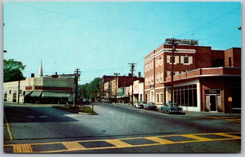 Laconia New Hampshire 1960s Postcard Bank Square Street Scene Cars National Bank