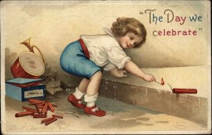 Clapsaddle Fourth of July Int'l Art Little Boy Lighting Fireworks c1910 Postcard