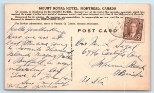 MONTREAL, Quebec, Canada ~ MOUNT ROYAL HOTEL  1942  Postcard