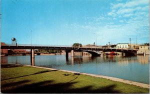 Vtg Menasha Wisconsin WI Fox River Bridge Water Tower Tug Boat 1950s Postcard