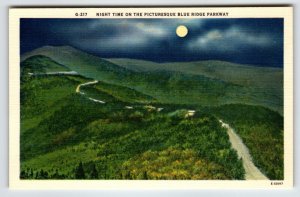 Night Time On The Picturesque Blue Ridge Parkway North Carolina Linen Postcard
