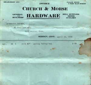 1915  Meriden   Connecticut  Church & Morse   Receipt  8 x 8