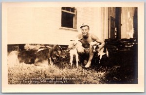 Vtg Wilmington VT Boy Looking After Dairy Goats Pig Camp Enajerog RPPC Postcard