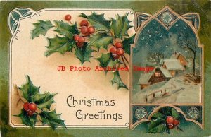 Christmas, PFB No 8977-2, Village on a Winter Night, Holly Leaves & Berries