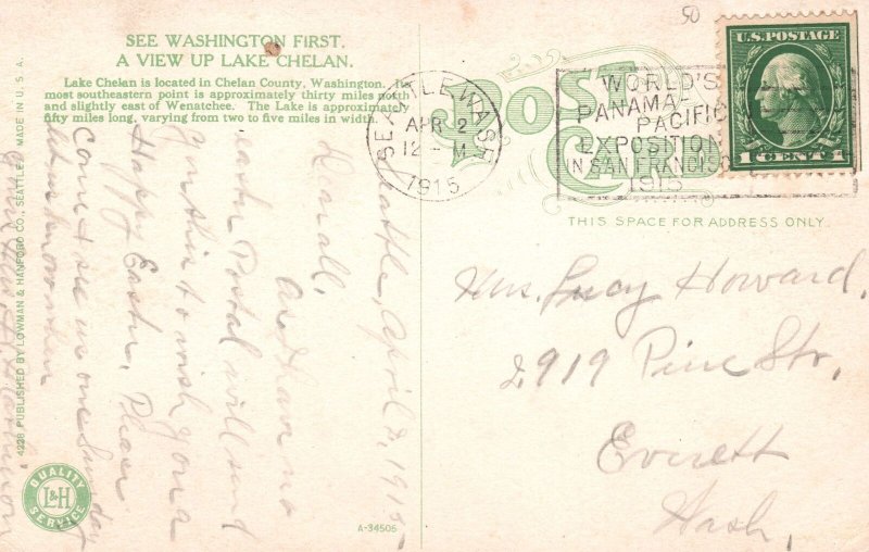 Vintage Postcard 1915 See Washington First View Up Lake Chelan County Washington