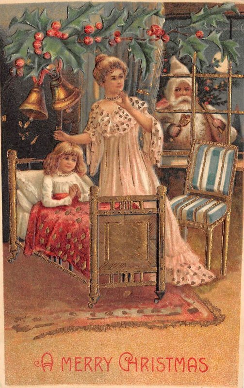 A Merry Christmas Mother & Child, W/ Santa Peering In, Embossed, PC U9175